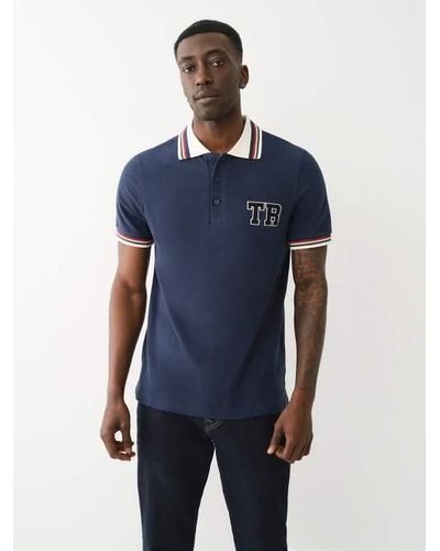 True Religion Embroidered Varsity Striped Polo Shirt - Blue