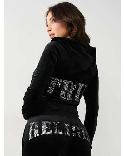 True Religion Crystal Velour Logo Zip Hoodie - Blue