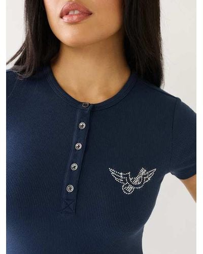 True Religion Crystal Horseshoe Wing Rib Henley Shirt Top - Blue