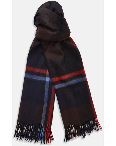 Turnbull & Asser Deep Navy And Rich Brown Check Cashmere Scarf - Blue