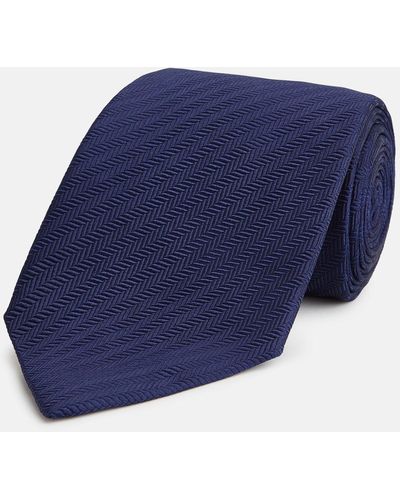 Turnbull & Asser Long Navy Herringbone Silk Tie - Blue