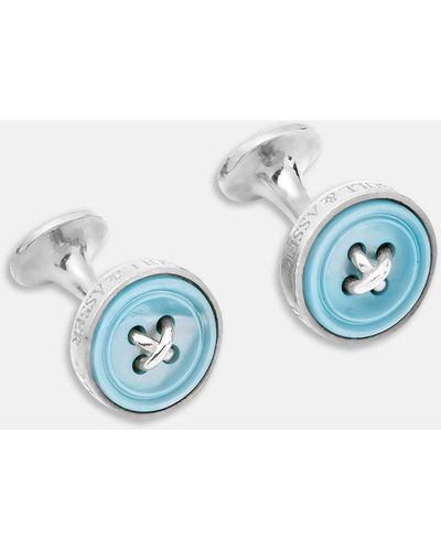 Turnbull & Asser Blue Sterling Silver Mother-of-pearl Button Cufflinks