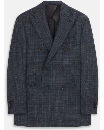 Turnbull & Asser Navy Check Wool And Cashmere Blend Double Breasted Bertie Blazer - Blue