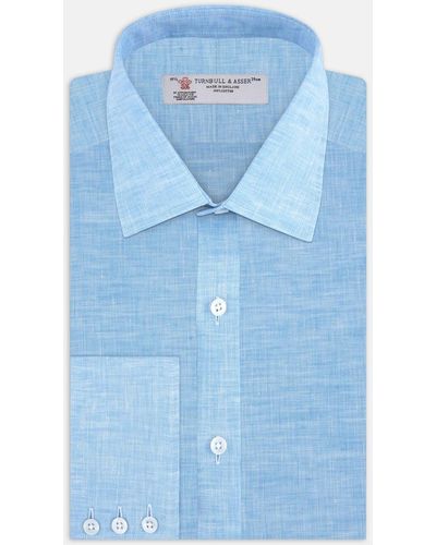 Turnbull & Asser Turquoise Linen Shirt With T&a Collar And 3-button Cuffs - Blue
