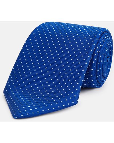 Turnbull & Asser Long Blue And White Small Spot Printed Silk Tie