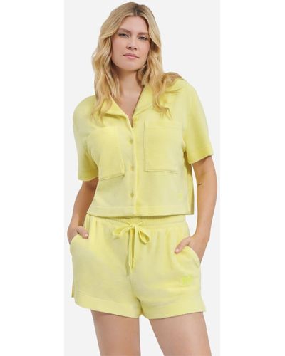 UGG Saniyah Short Sleeve Buttondown Shirt Cotton Blend Tops - Yellow