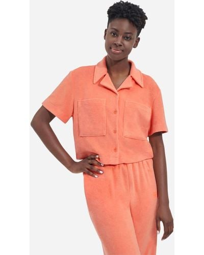 UGG Saniyah Short Sleeve Buttondown Shirt Cotton Blend Tops - Orange