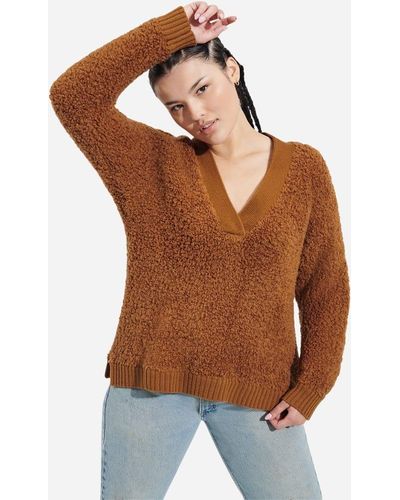 UGG ® Deeann Cloudfluff V Neck Wool Blend Sweaters - Brown