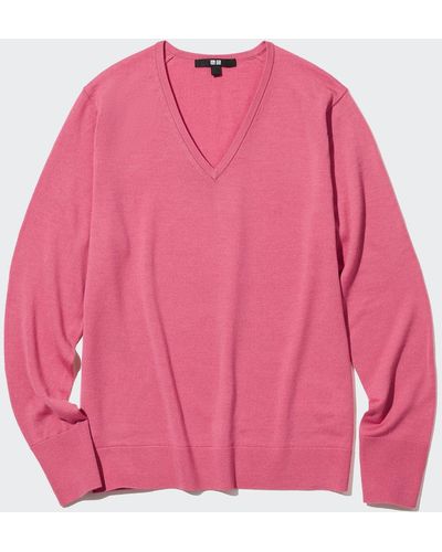 Uniqlo 100 % extra feine merinowolle pullover mit v-ausschnitt - Pink
