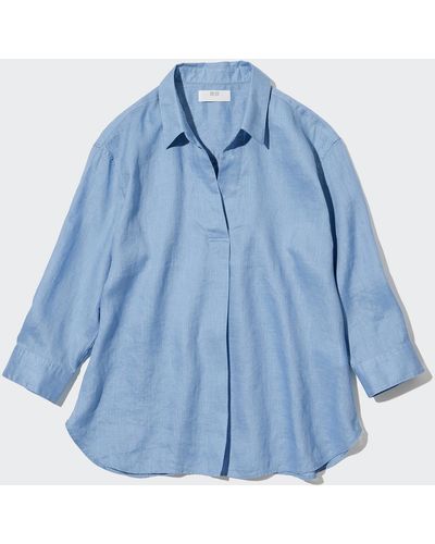 Uniqlo Camisa 100% Lino Prémium Cuello Abierto - Azul