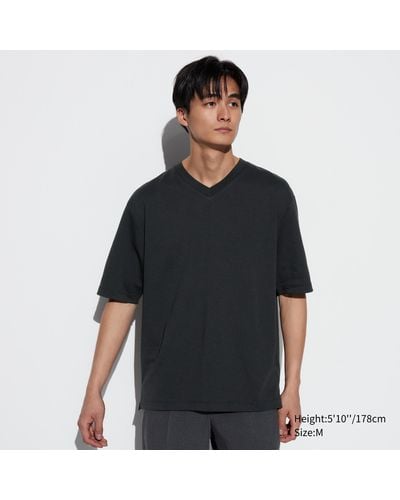 Uniqlo Oversized airism baumwolle halbarm t-shirt mit v-ausschnitt - Schwarz