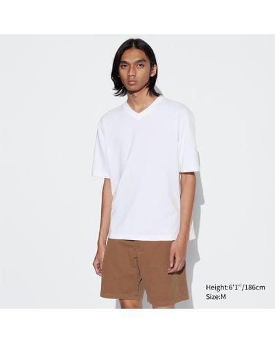 Uniqlo Oversized airism baumwolle halbarm t-shirt mit v-ausschnitt - Weiß