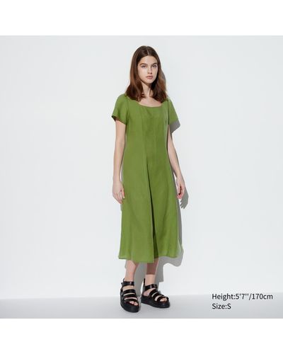 Uniqlo Leinenmix kurzarm kleid mit karree-ausschnitt - Grün