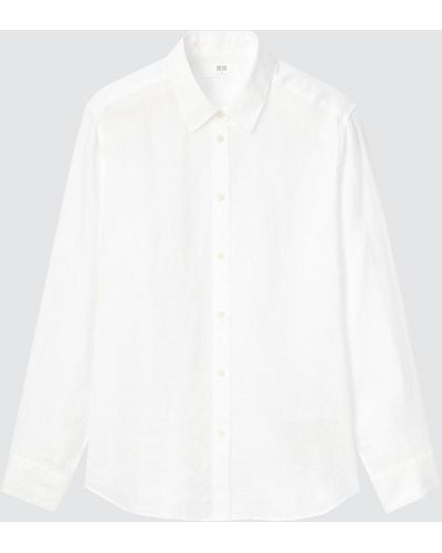 Uniqlo Premium leinen langarm bluse - Weiß