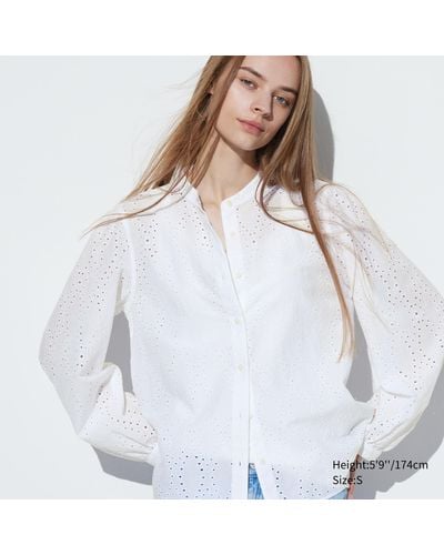 Uniqlo Baumwolle langarm bluse mit stickerei - Weiß