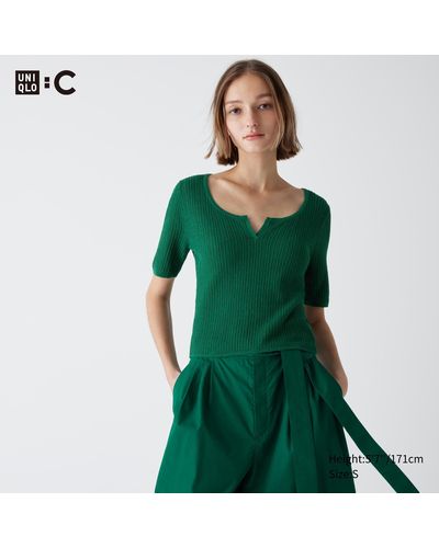 Uniqlo Baumwolle cropped halbarm pullover mit spitze und schlüssellochausschnitt - Grün