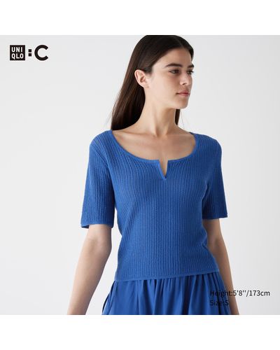 Uniqlo Baumwolle cropped halbarm pullover mit spitze und schlüssellochausschnitt - Blau