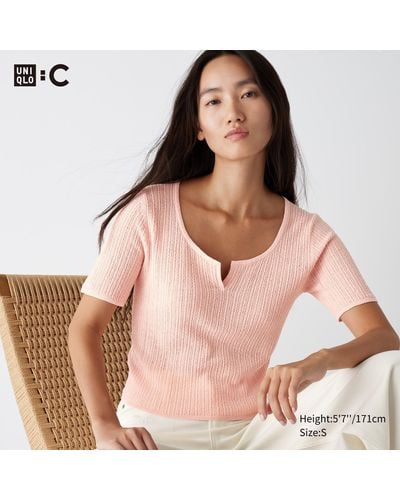 Uniqlo Baumwolle cropped halbarm pullover mit spitze und schlüssellochausschnitt - Pink