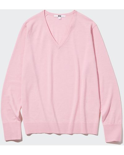 Uniqlo 100 % extra feine merinowolle pullover mit v-ausschnitt - Pink