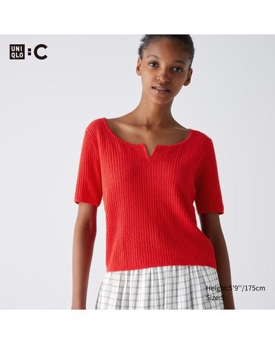Uniqlo Baumwolle cropped halbarm pullover mit spitze und schlüssellochausschnitt - Rot