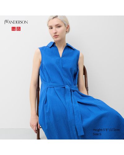Uniqlo Baumwolle Ärmelloses seersucker kleid mit gürtel - Blau