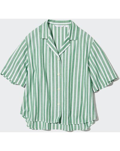 Uniqlo Viscosa Camisa Lino Mezcla Cuello Abierto Rayas - Azul