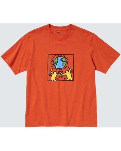 Uniqlo Algodón PEACE FOR ALL Camiseta Estampado Gráfico (Keith Haring) - Naranja