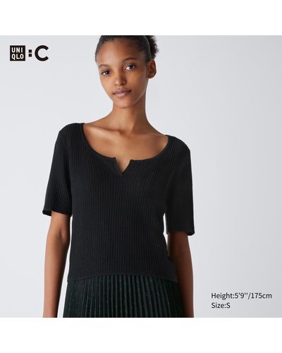 Uniqlo Baumwolle cropped halbarm pullover mit spitze und schlüssellochausschnitt - Schwarz