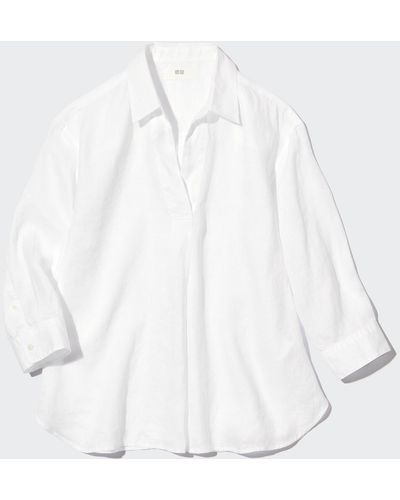 Uniqlo Camisa 100% Lino Prémium Cuello Abierto - Blanco