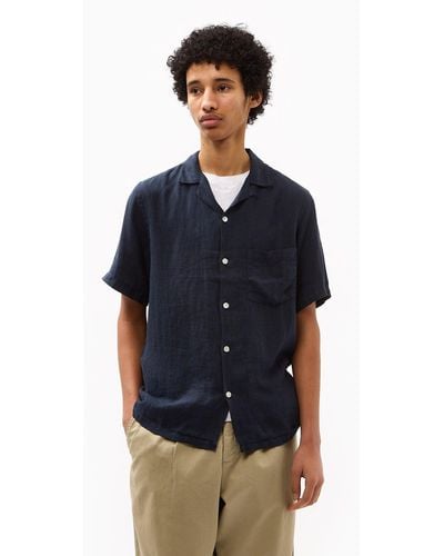 Portuguese Flannel Linen Camp Collar Short Sleeve Shirt - Blue