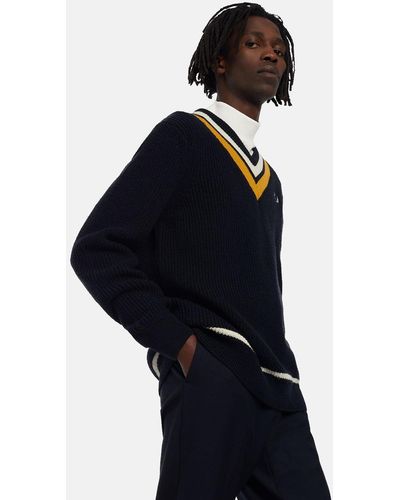 Fred Perry Striped V-neck Jumper - Blue