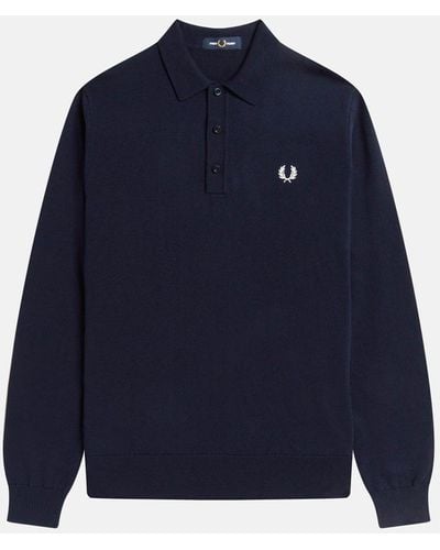 Fred Perry Long Sleeve Classic Knitted Shirt - Blue