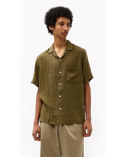 Portuguese Flannel Linen Camp Collar Short Sleeve Shirt - Green