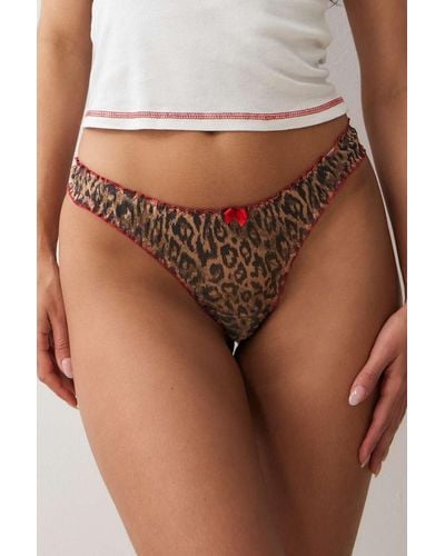 Out From Under Leopard Print Frill Mesh Thong S At Urban Outfitters - Brown
