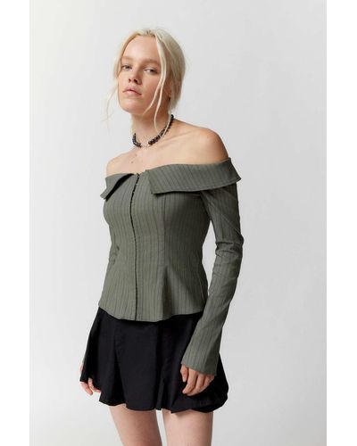 Urban Outfitters Uo Bardot Collared Off-the-shoulder Top - Gray