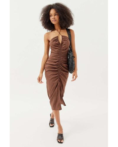 Urban Renewal Made In La Eco Linen Ruched Front Midi Dress - Brown