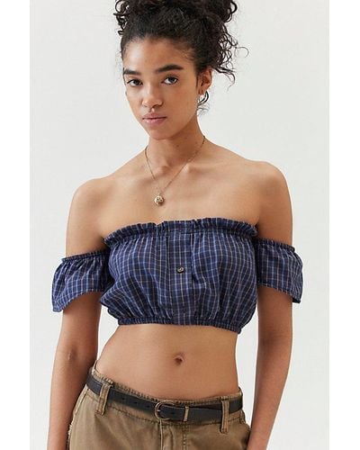 Urban Renewal Remade Checkered Off-The-Shoulder Cropped Top - Blue