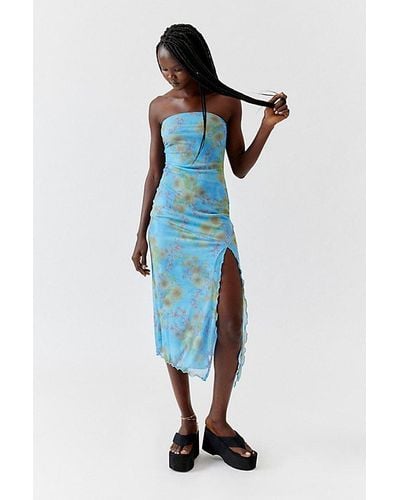 Urban Outfitters Uo Samara Mesh Strapless Midi Dress - Blue
