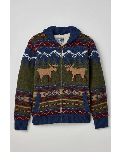 Schott Nyc Moose Motif Zip Front Sweater,at Urban Outfitters - Blue