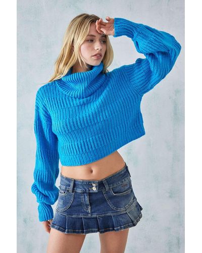 Urban Outfitters Uo Textured Knit Cowl Turtle Neck Jumper - Blue