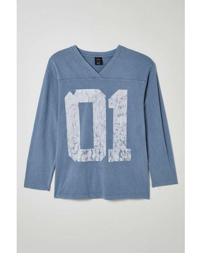 Urban Outfitters Uo Vintage V-neck Long Sleeve Jersey Tee In Blue,at