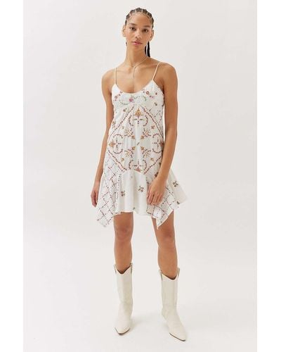 Urban Outfitters Uo White Sienna Embroidered Hanky Hem Mini Dress - Natural