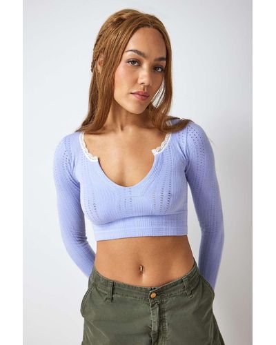 Urban Outfitters Uo Go For Gold Pointelle Notched Long-sleeved Crop Top - Blue