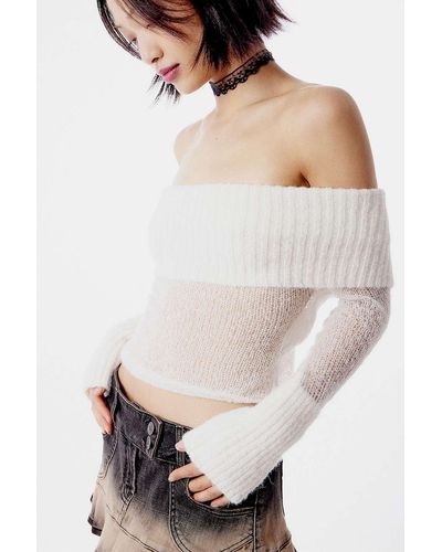 Urban Outfitters Uo Sophia Sheer Off-the-shoulder Knitted Top - Natural