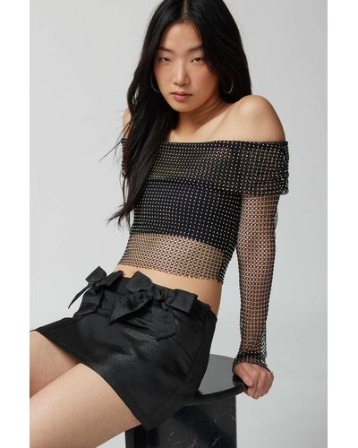 Urban Outfitters Uo Diana Diamante Fishnet Off-the-shoulder Top In Black,at