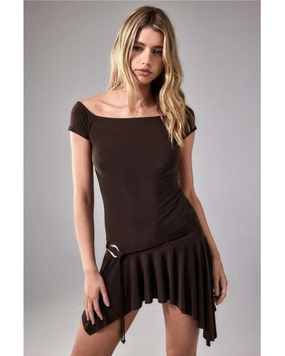 Urban Outfitters Uo Kamika Belted Slash Neck Mini Dress - Brown