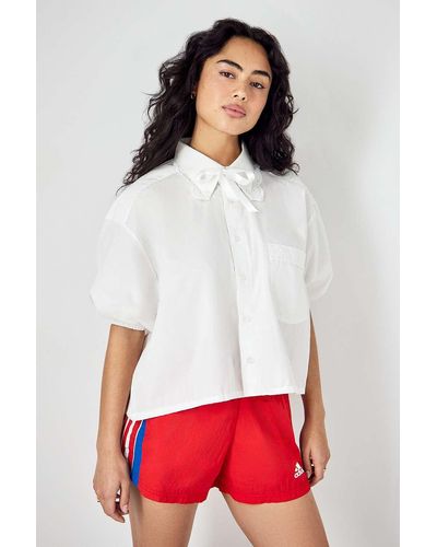 Urban Renewal Remade From Vintage White Lace & Puff Sleeve Shirt - Red