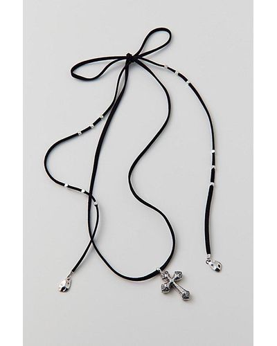 Urban Outfitters Etched Cross Corded Wrap Necklace - Black