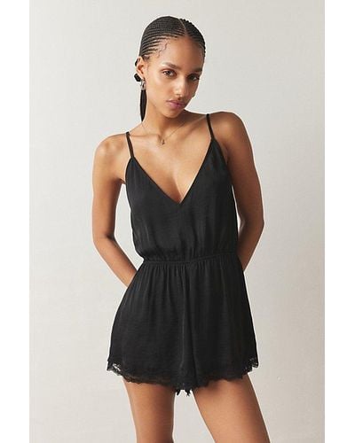 Out From Under Juliette Lacy Satin Romper - Black