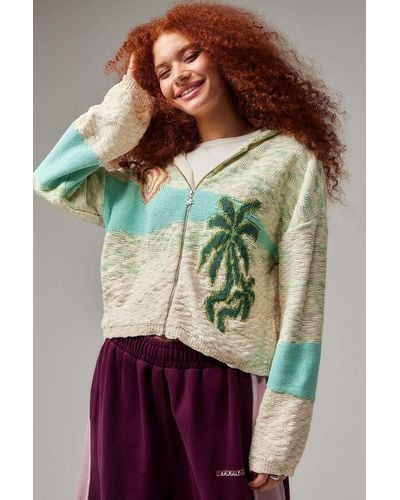Urban Outfitters Uo Festival Palm Tree Knit Zip-up Hoodie - Green